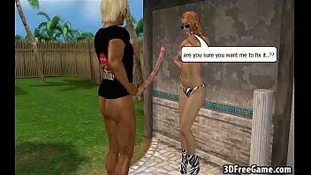 Play Two hot 3d brunette and redhead babes are riding a cock