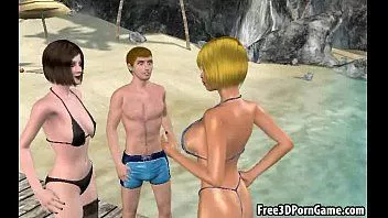 Reproducir Semental cachondo se folla a dos chicas de dibujos animados en 3D en la playa