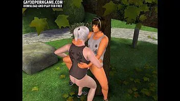 播放 在 3D 公园里，一个火辣的金发女郎异装癖乱搞一个男人的屁股