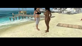 Afspelen Hete 3D-sletten op een strand hebben interraciale orale seks